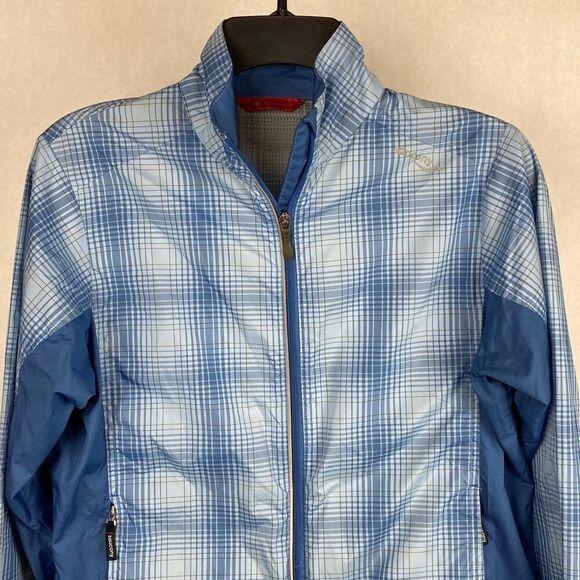 Saucony Windbreaker Jacket Womens Sz Small Vented Zip Front Blue Plaid Athletic - Picture 2 of 12